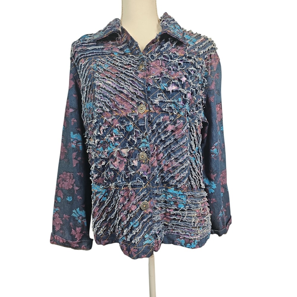Tantrums Denim Jacket Floral Mixed Media Frayed Texture Blue Purple Women Large